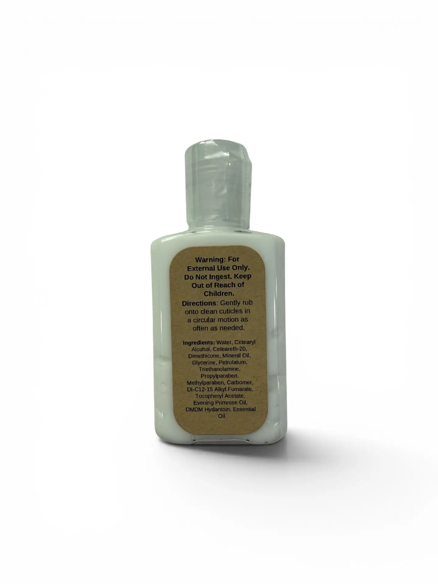 cuticle cream Cuticle cream bottle with ingredients.